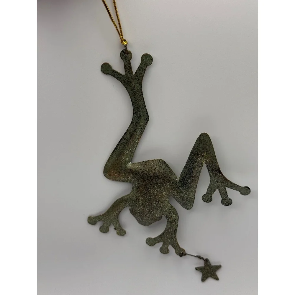 Vintage Metal Frog Ornament with Dangling Star Charm Gold Glitter Finish Green